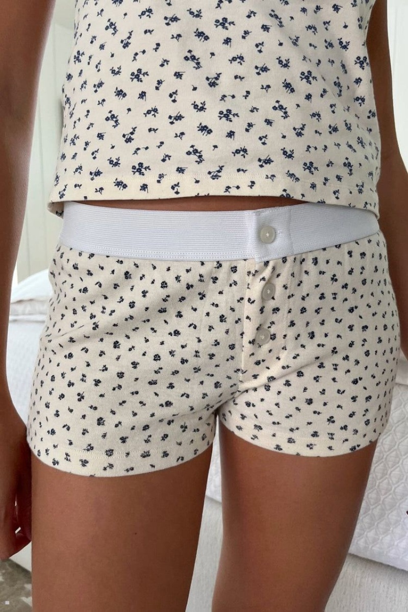 Sous Vêtement Brandy Melville Boyshort Floral Blanche Bleu Marine | IJG-85536980